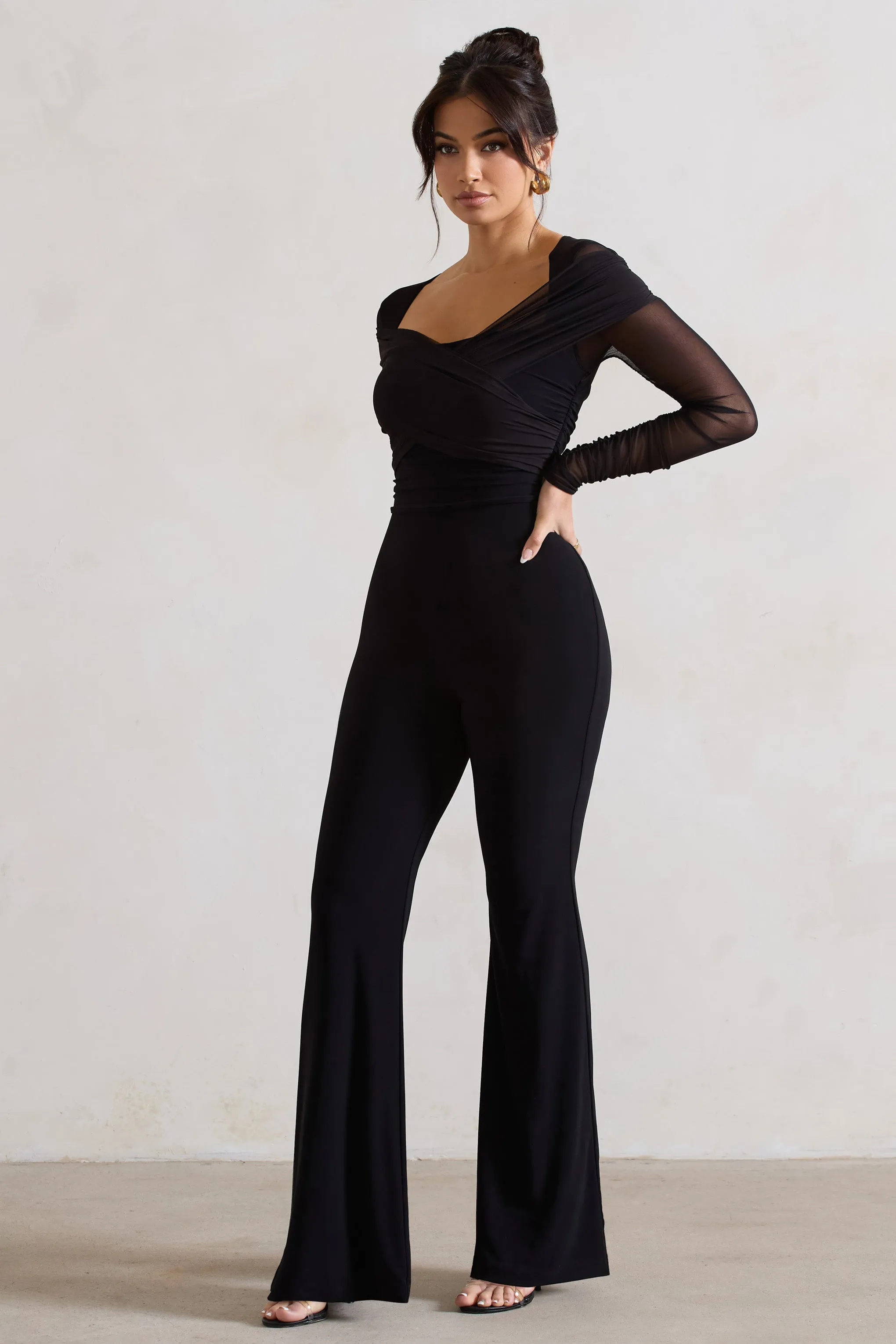 Crossed Lines | Black Ruched Mesh Flared-Leg Jumpsuit sold by Club L London product image thumbnail 5