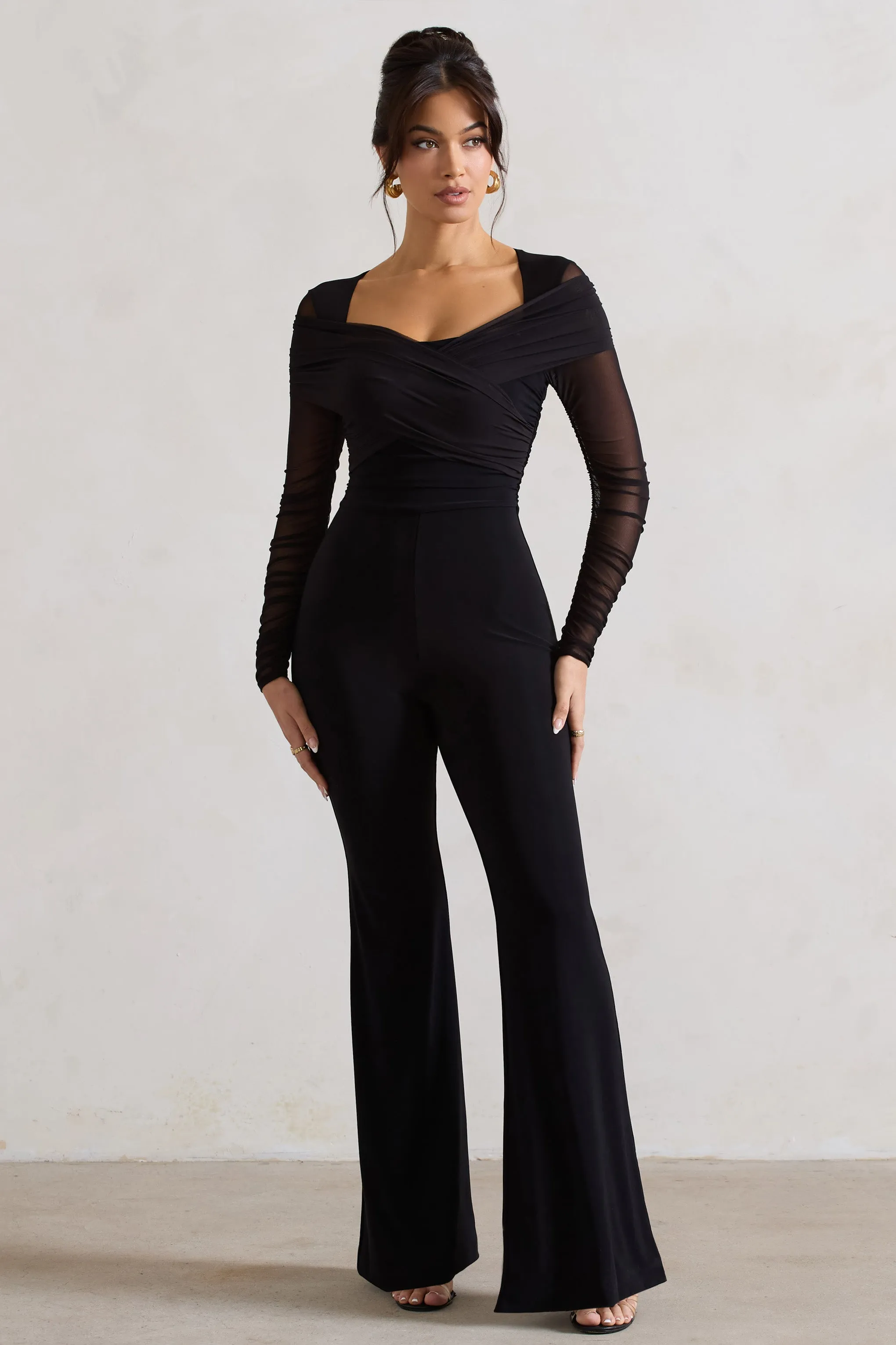 Crossed Lines | Black Ruched Mesh Flared-Leg Jumpsuit sold by Club L London product image thumbnail 4