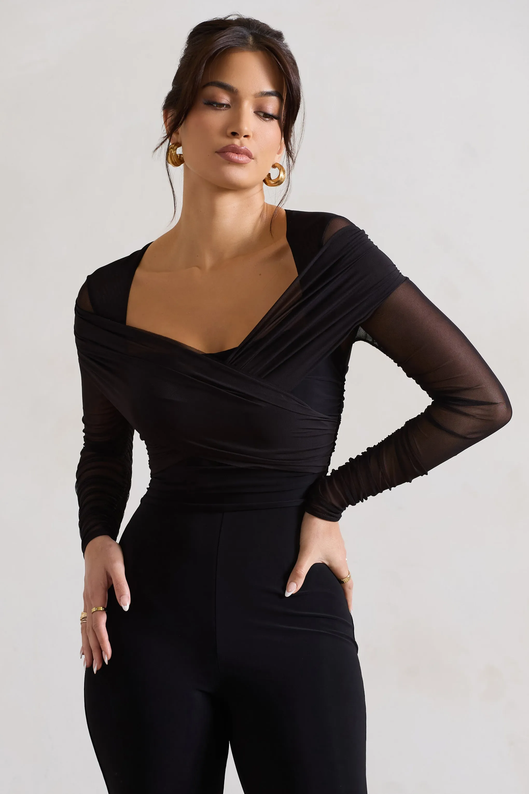 Crossed Lines | Black Ruched Mesh Flared-Leg Jumpsuit sold by Club L London product image thumbnail 3