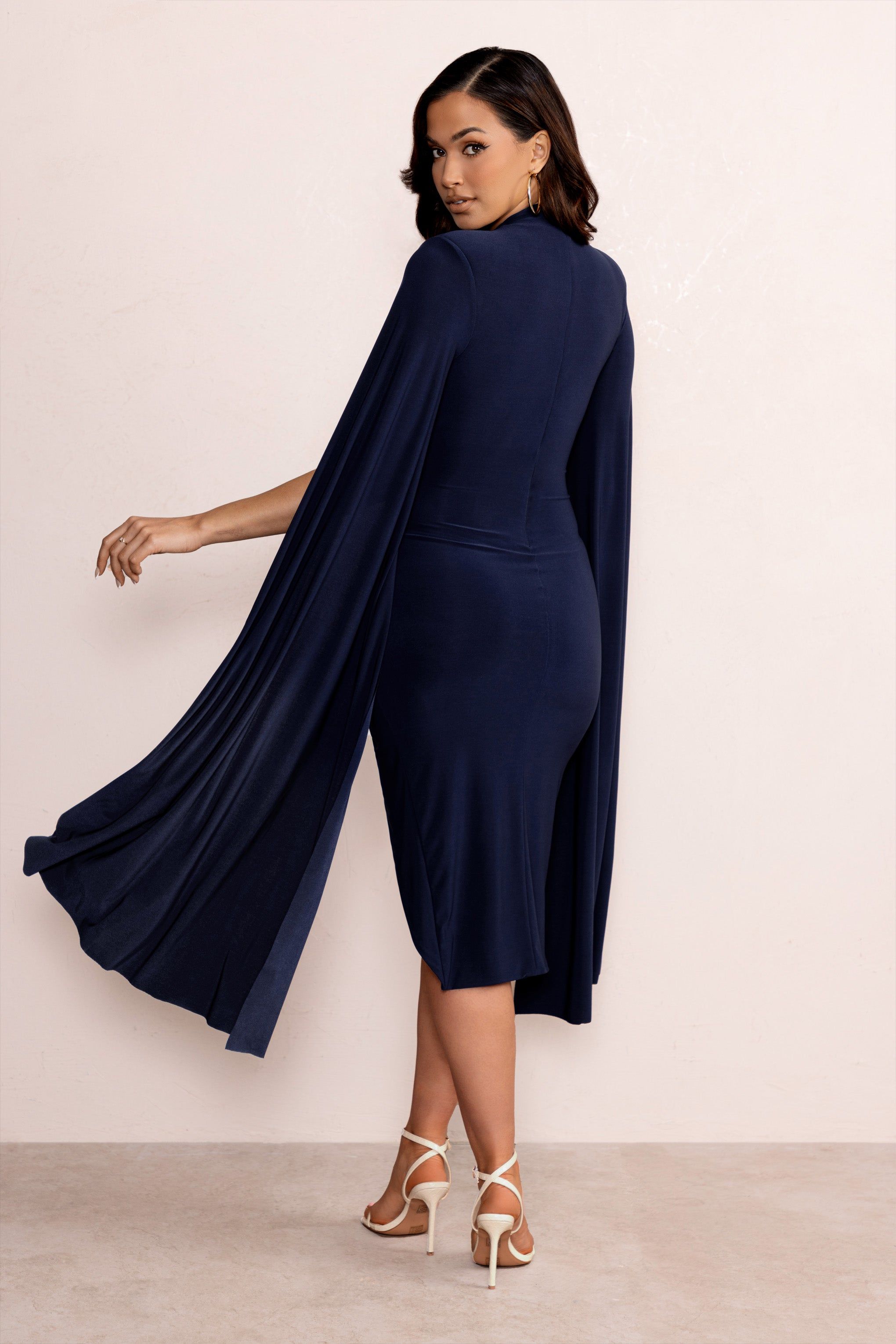 Sara | Navy High Neck Ruched Midi Dress with Cape Sleeves sold by Club L London product image thumbnail 2