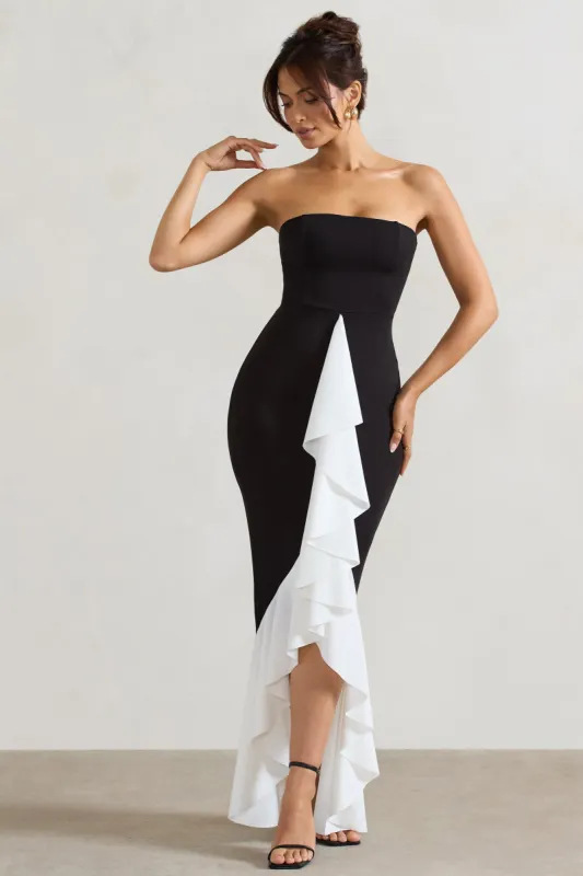 Carbonne | Black & White Bandeau Ruffled Maxi Dress sold by Club L London