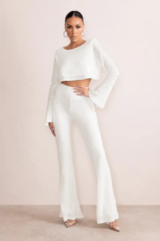 Dropping Hints | White Sequin Wide Leg Pants sold by Club L London
