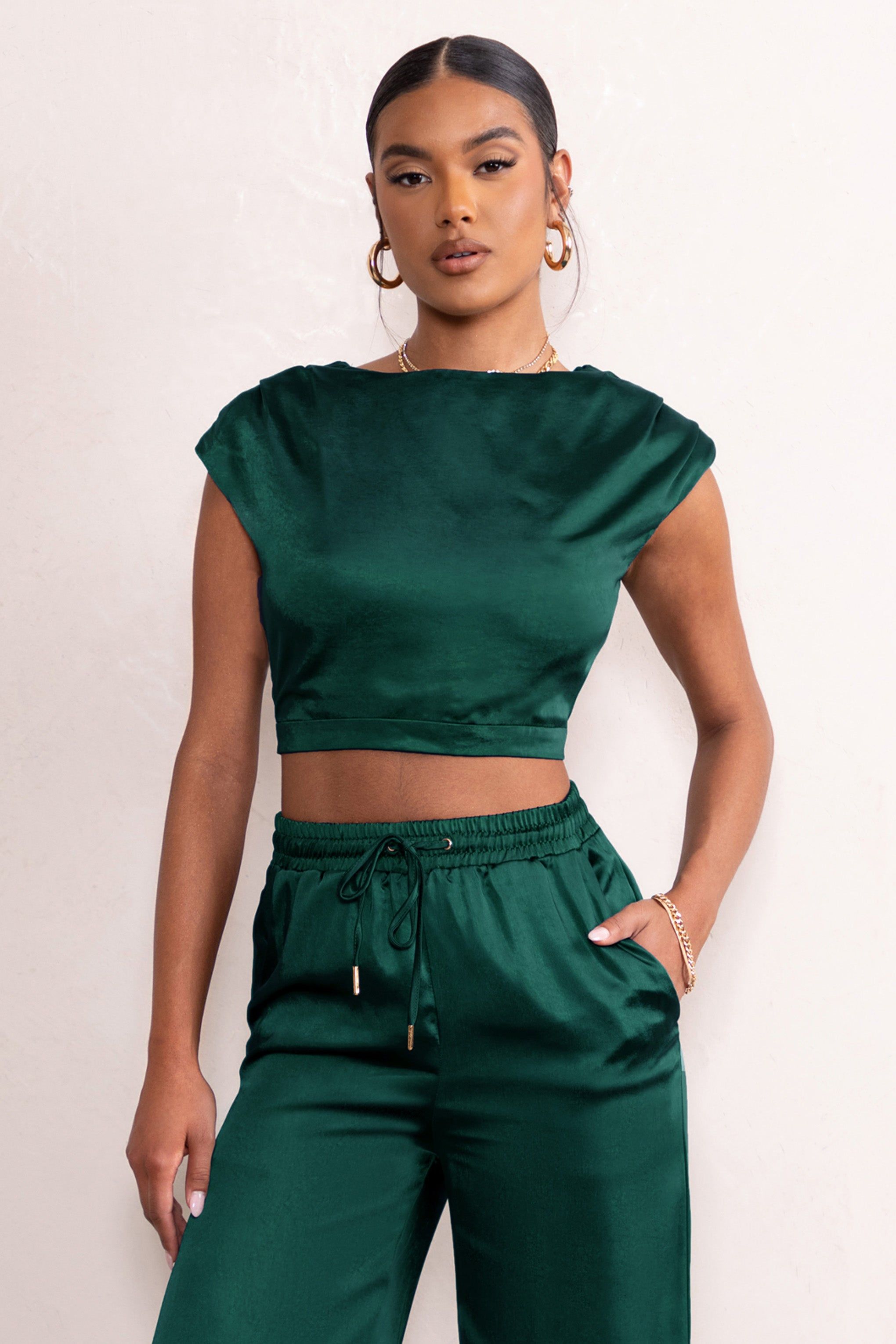 Ellery | Bottle Green Padded Shoulder Satin High Neck Crop Top sold by Club L London product image thumbnail 5