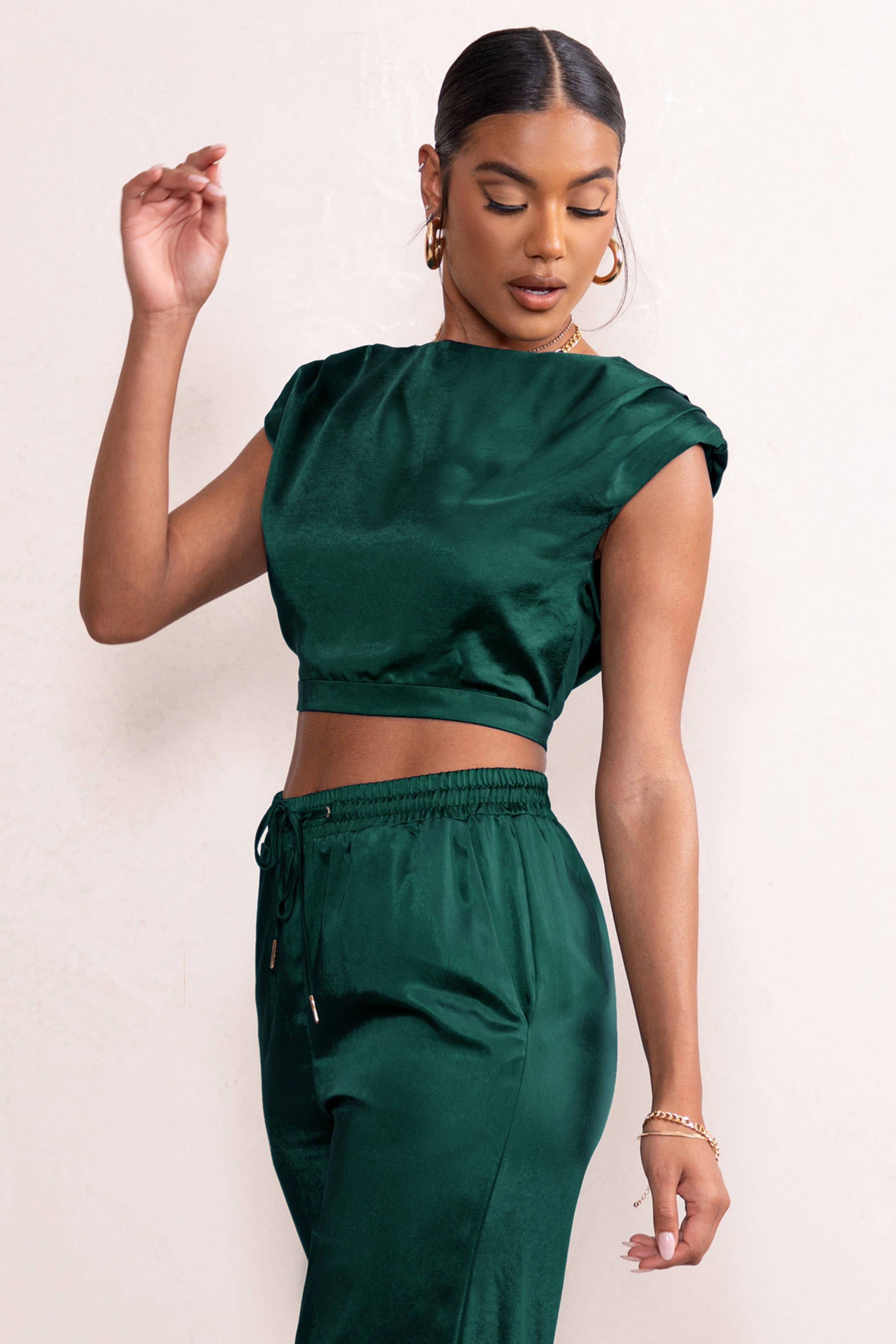 Ellery | Bottle Green Padded Shoulder Satin High Neck Crop Top sold by Club L London product image thumbnail 4