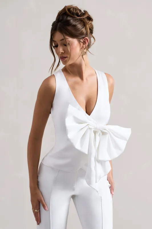 Adoration | Cream Satin Plunge-Neck Top With Bow sold by Club L London