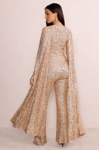 Noella | Gold Sequin Wide Leg Plunge Jumpsuit with Floor Length Cape Sleeves sold by Club L London