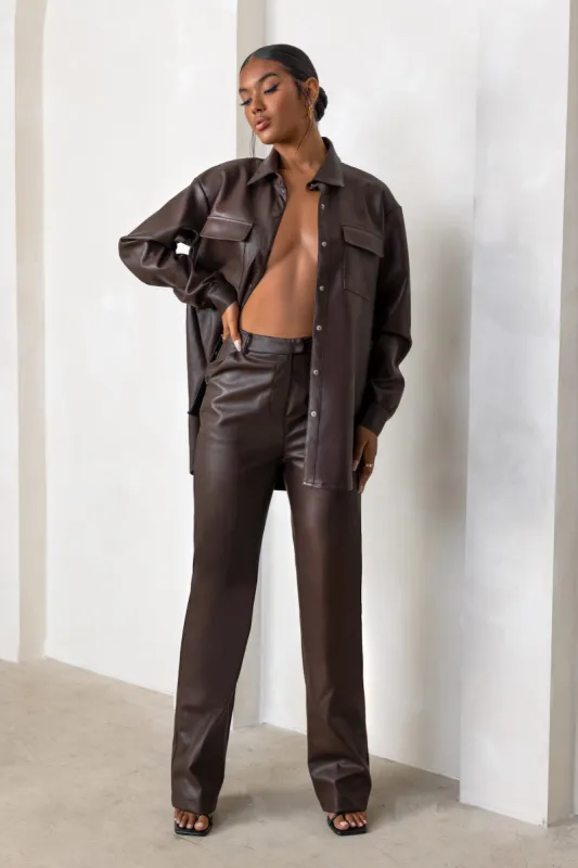 LA Nights | Brown Faux Leather High Waist Wide Leg Trousers sold by Club L London