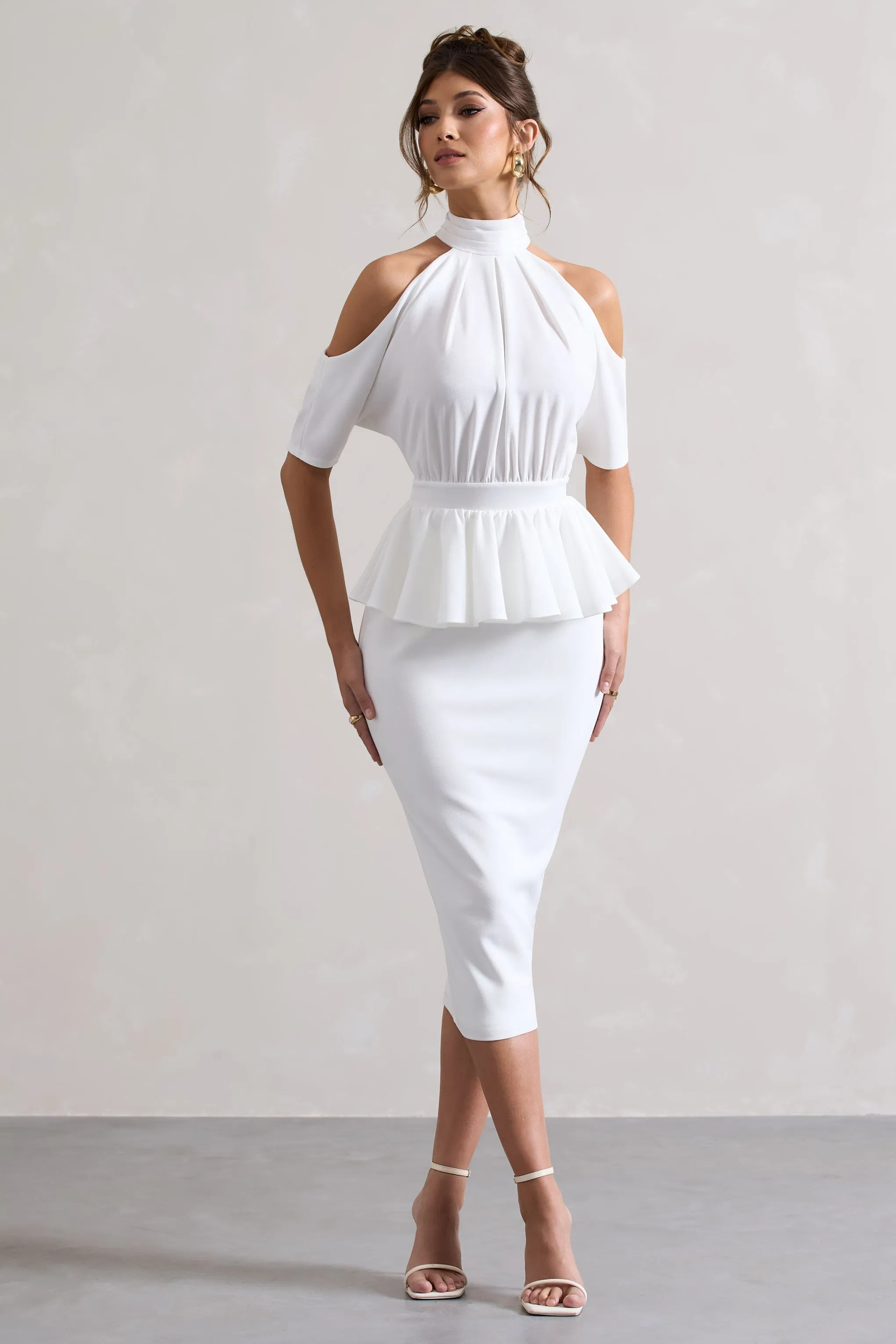 Yves | White High-Neck Cut-Out Midi Dress With Peplum Waist sold by Club L London product image thumbnail 4