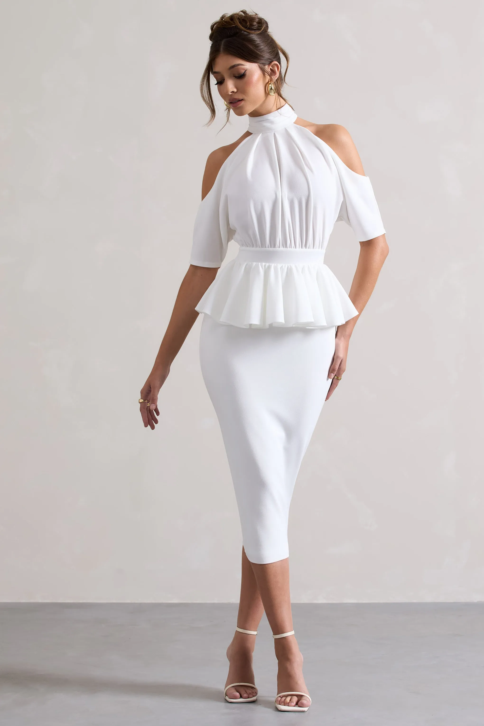 Yves | White High-Neck Cut-Out Midi Dress With Peplum Waist sold by Club L London