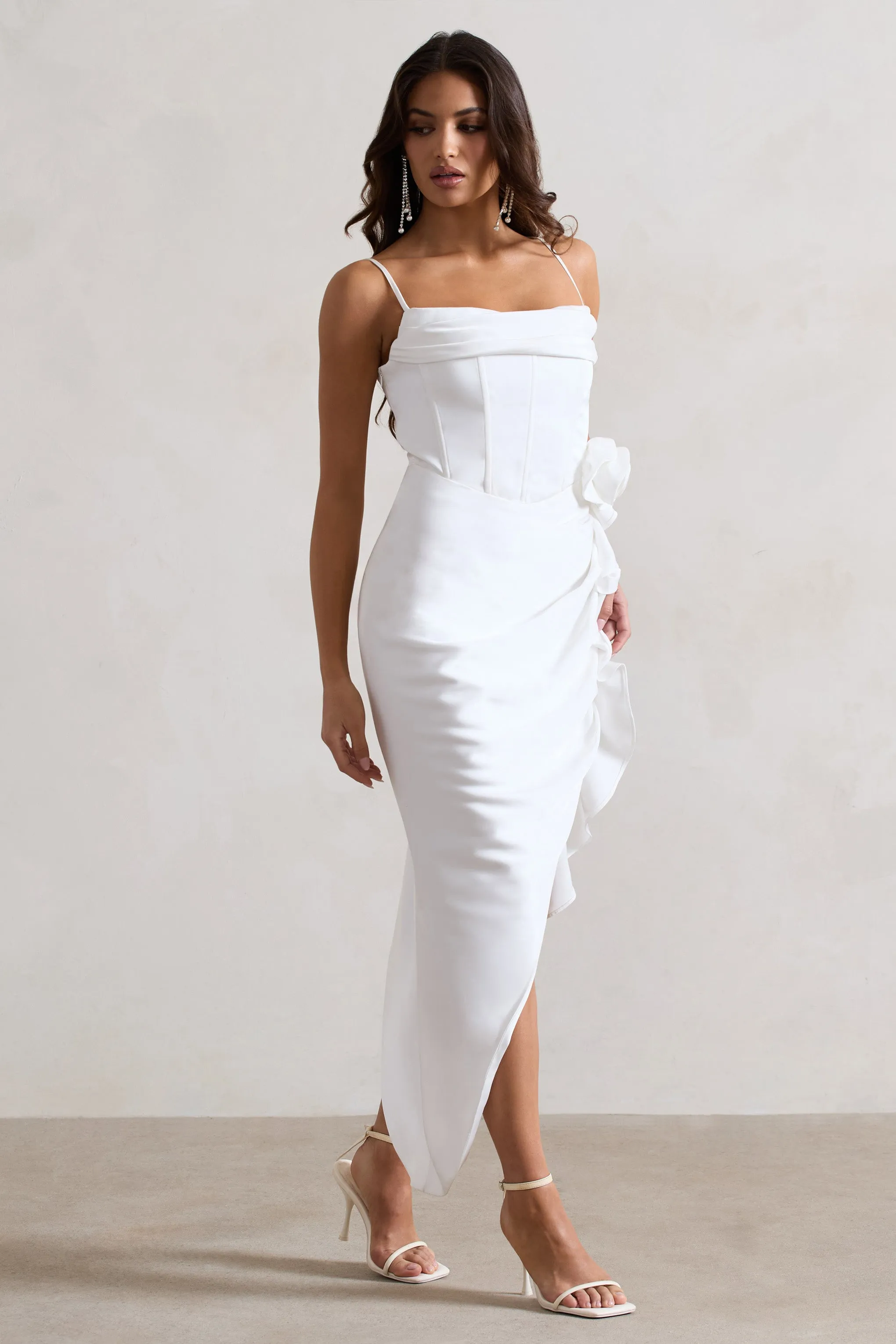 On The List | White Asymmetric Corset Maxi Dress With Floral Drape sold by Club L London product image thumbnail 5