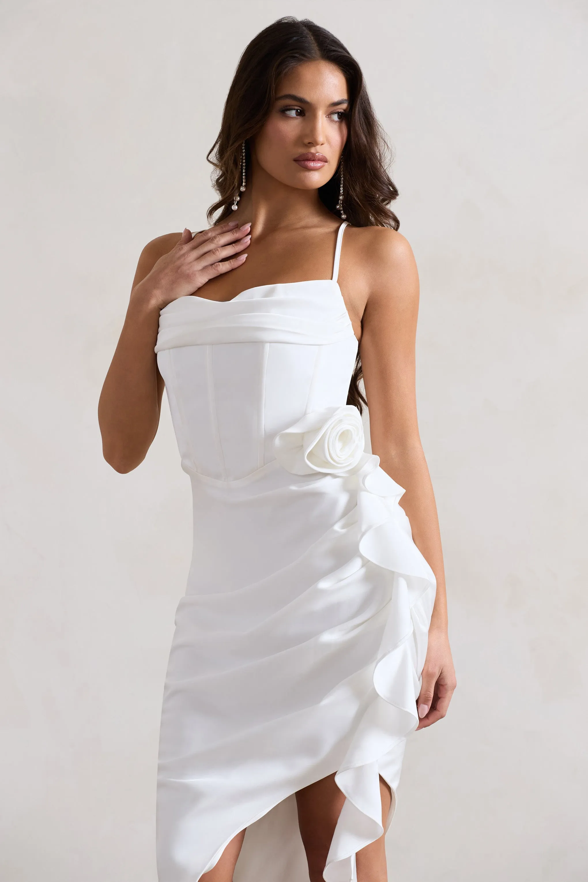On The List | White Asymmetric Corset Maxi Dress With Floral Drape sold by Club L London product image thumbnail 3