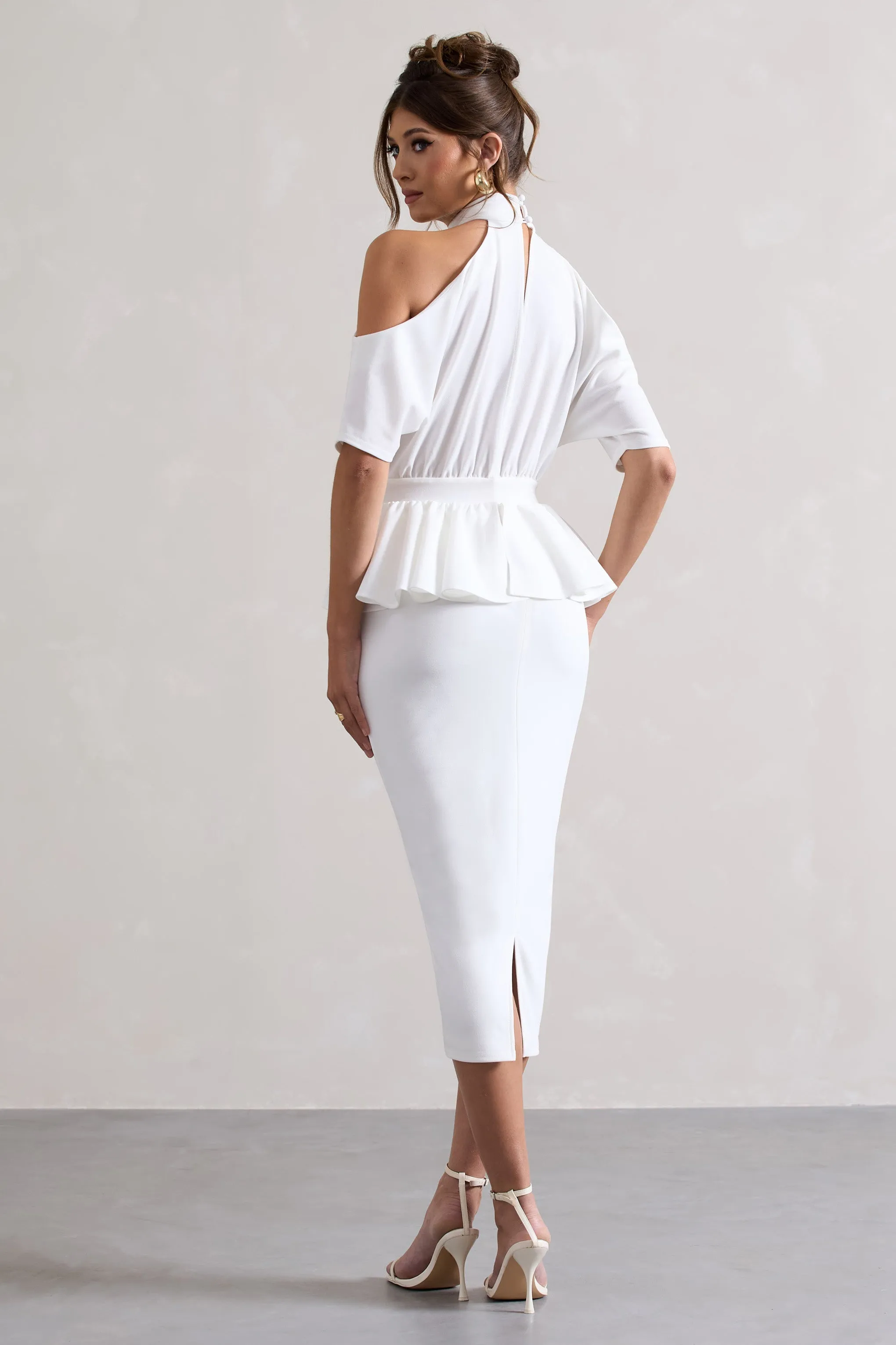 Yves | White High-Neck Cut-Out Midi Dress With Peplum Waist sold by Club L London product image thumbnail 2