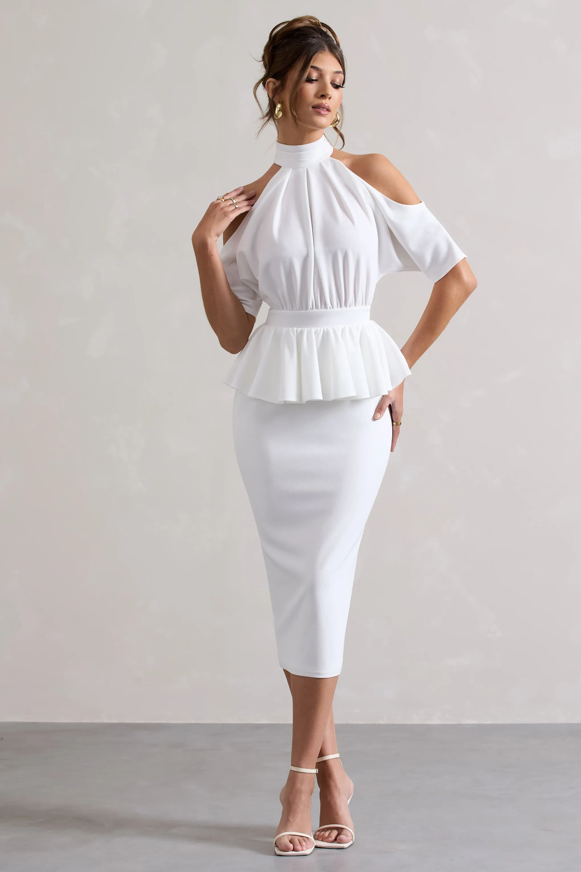 Yves | White High-Neck Cut-Out Midi Dress With Peplum Waist sold by Club L London product image thumbnail 5