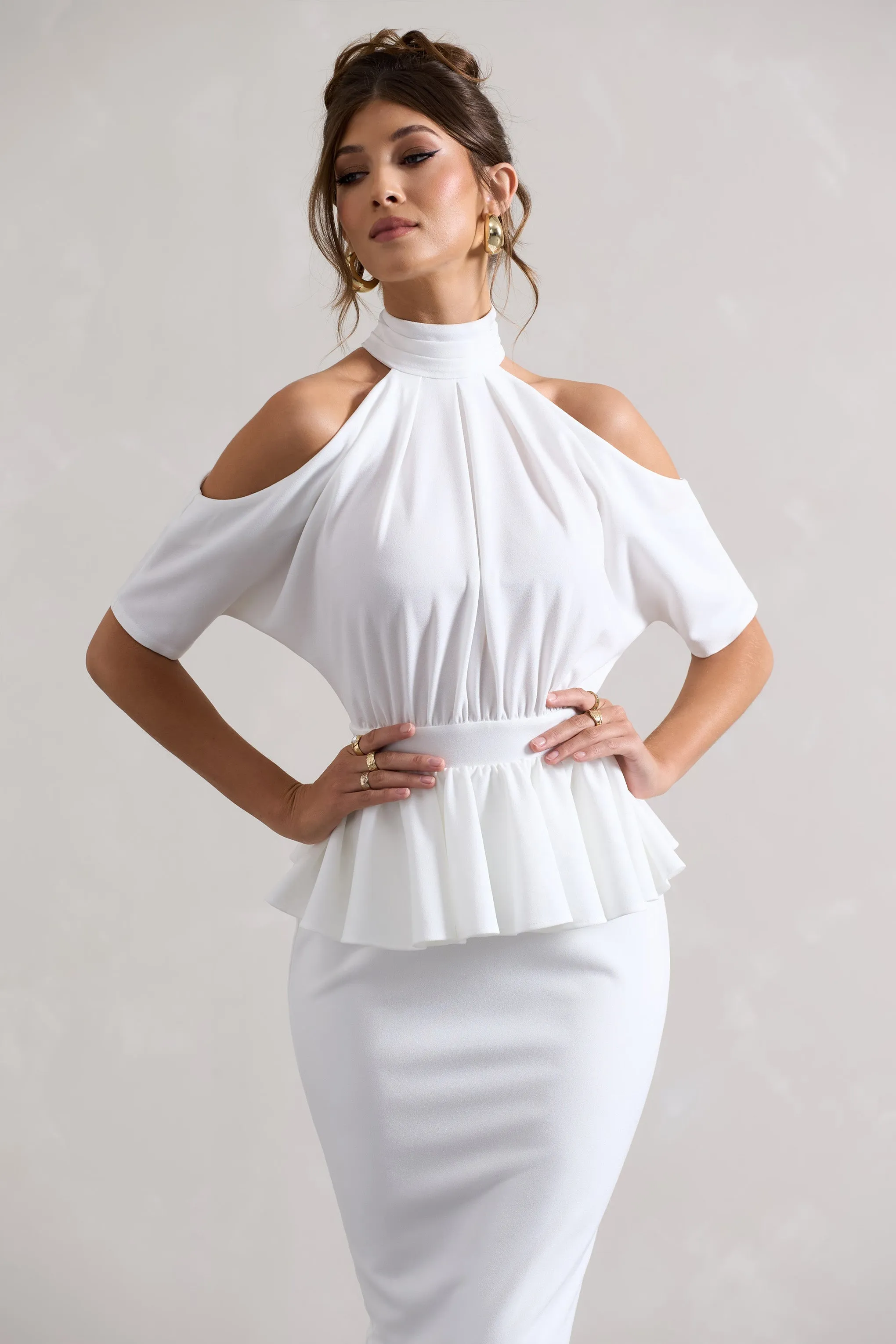 Yves | White High-Neck Cut-Out Midi Dress With Peplum Waist sold by Club L London product image thumbnail 3