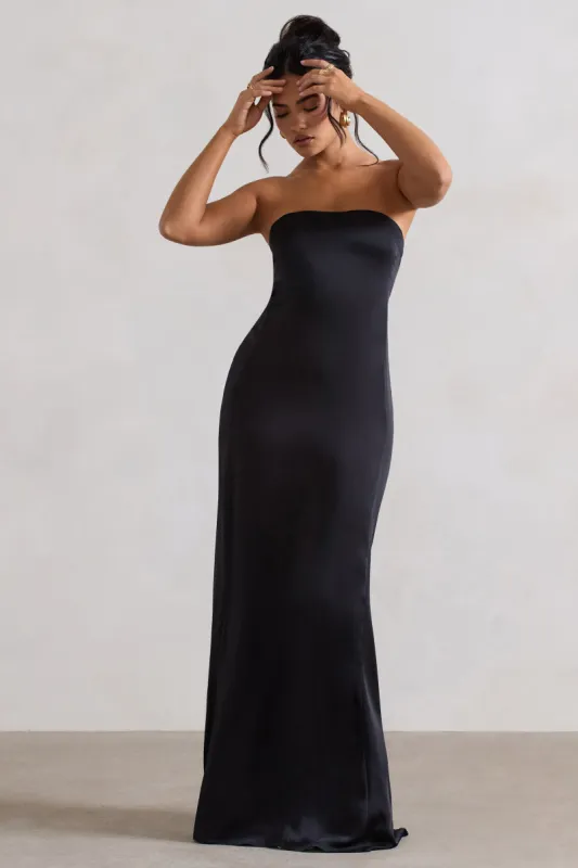 Azra | Black Satin Bandeau Maxi Dress sold by Club L London