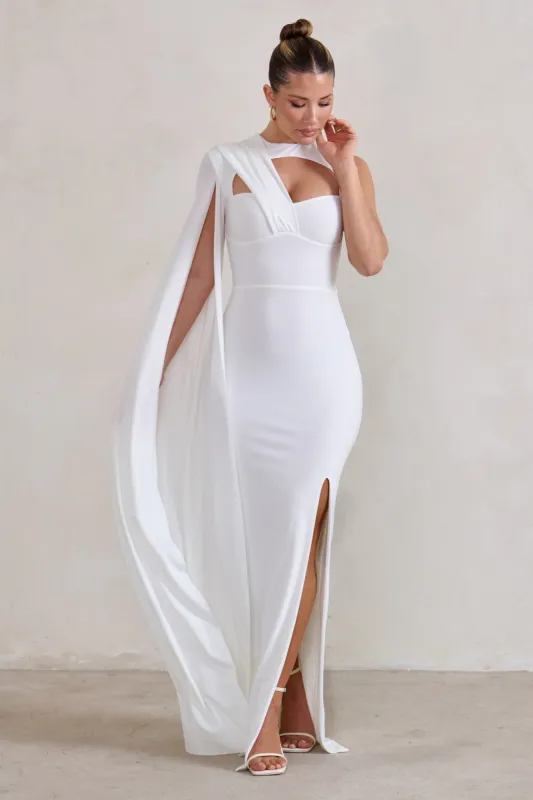 Emmey | White Asymmetric Cut Out Maxi Dress With Statement Cape sold by Club L London
