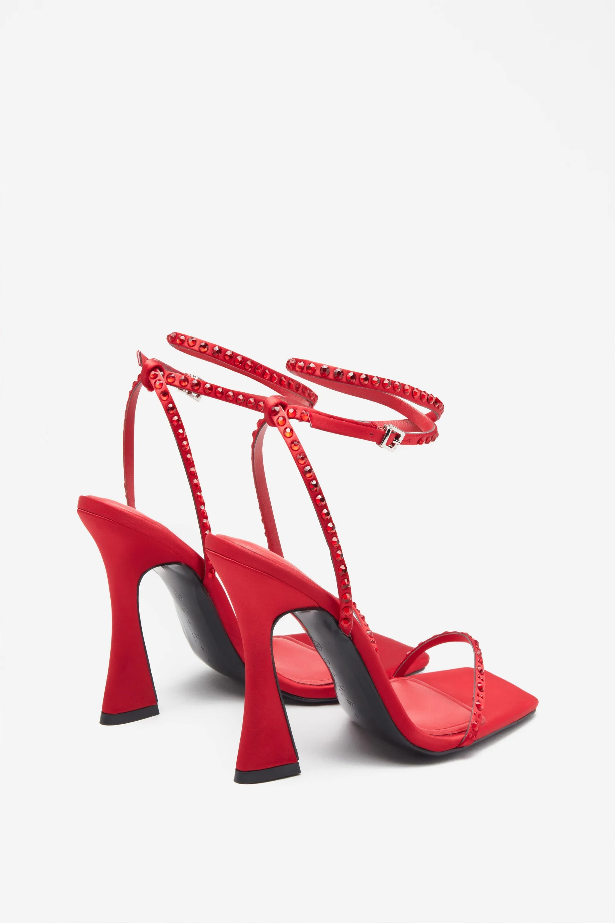 Nostalgia | Bright Red Satin Heeled Sandals With Diamante Straps sold by Club L London product image thumbnail 3