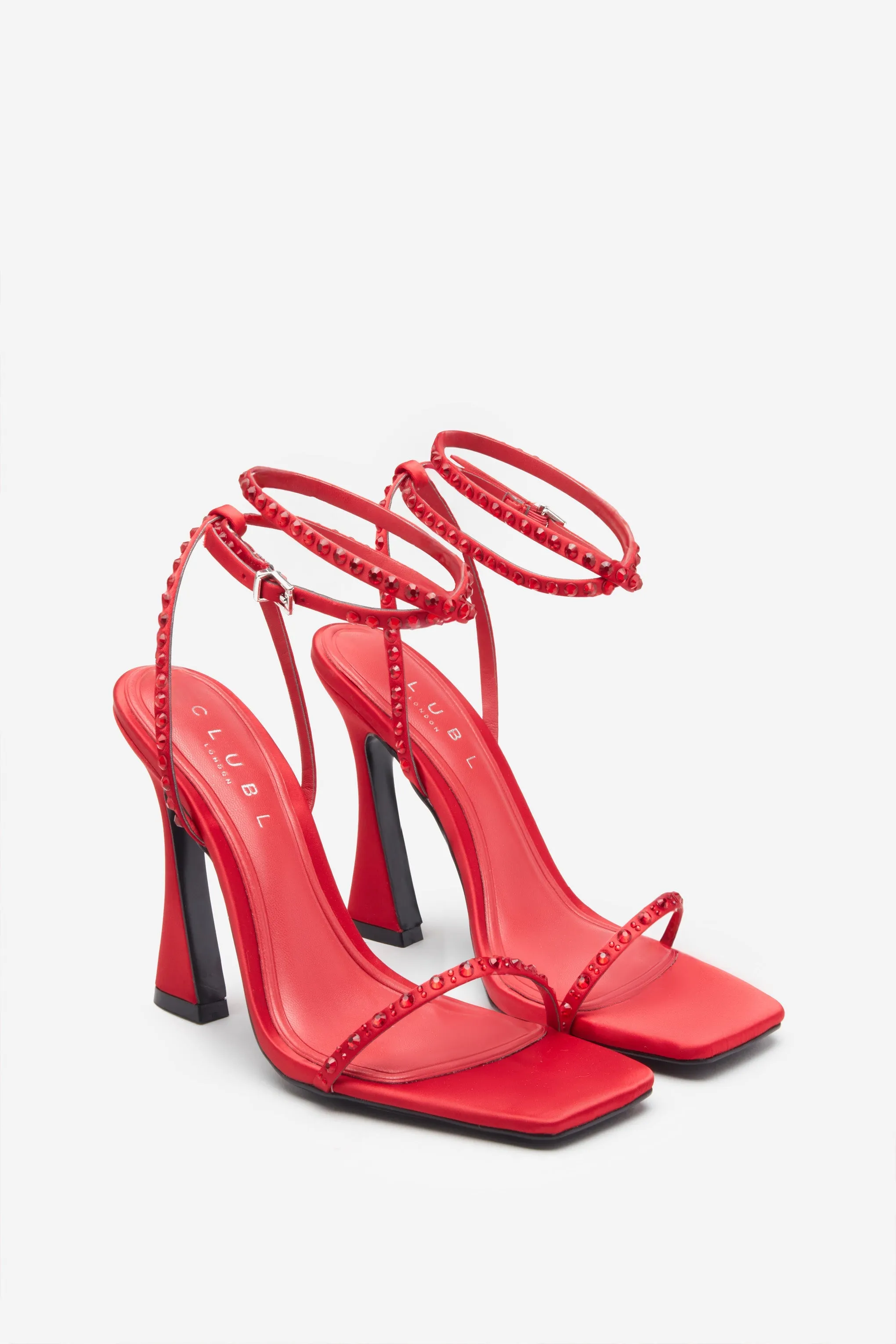 Nostalgia | Bright Red Satin Heeled Sandals With Diamante Straps sold by Club L London product image thumbnail 2