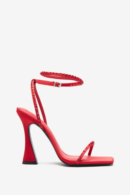 Nostalgia | Bright Red Satin Heeled Sandals With Diamante Straps sold by Club L London