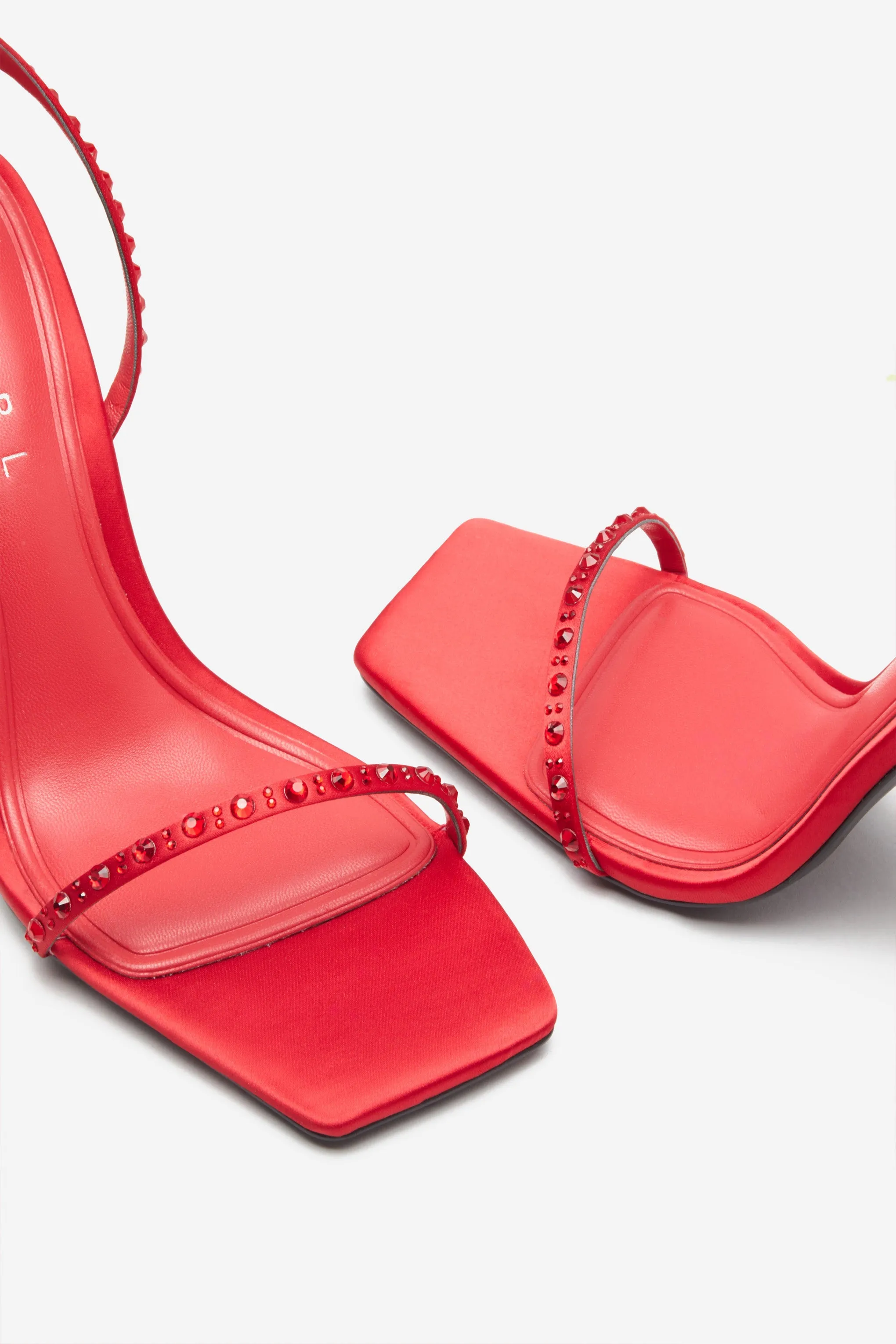 Nostalgia | Bright Red Satin Heeled Sandals With Diamante Straps sold by Club L London product image thumbnail 4