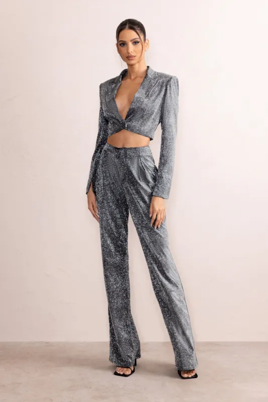 Khloe | Silver Metallic High Waist Wide Leg Trousers sold by Club L London