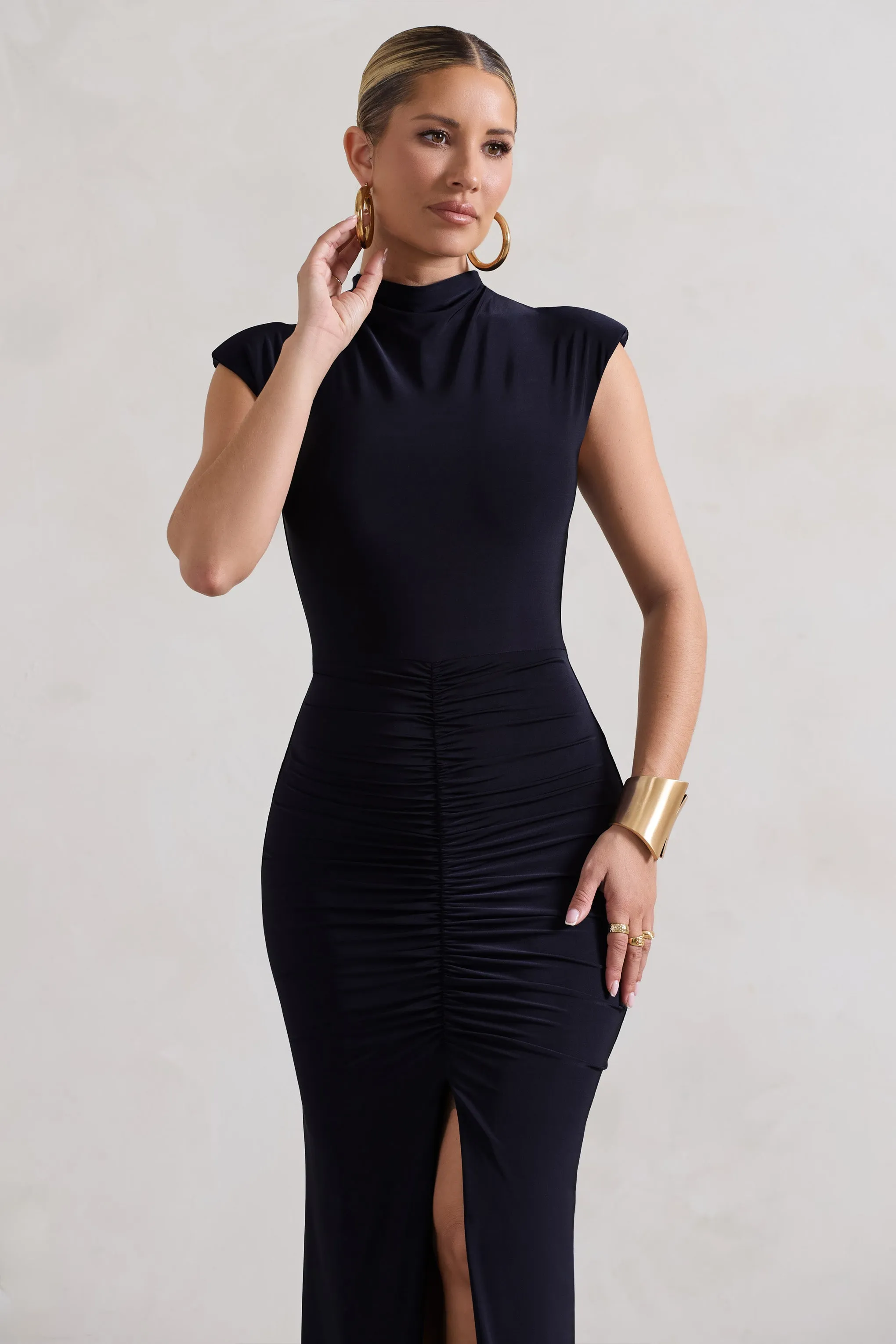Samira | Navy Ruched High-Neck Split Maxi Dress sold by Club L London product image thumbnail 3