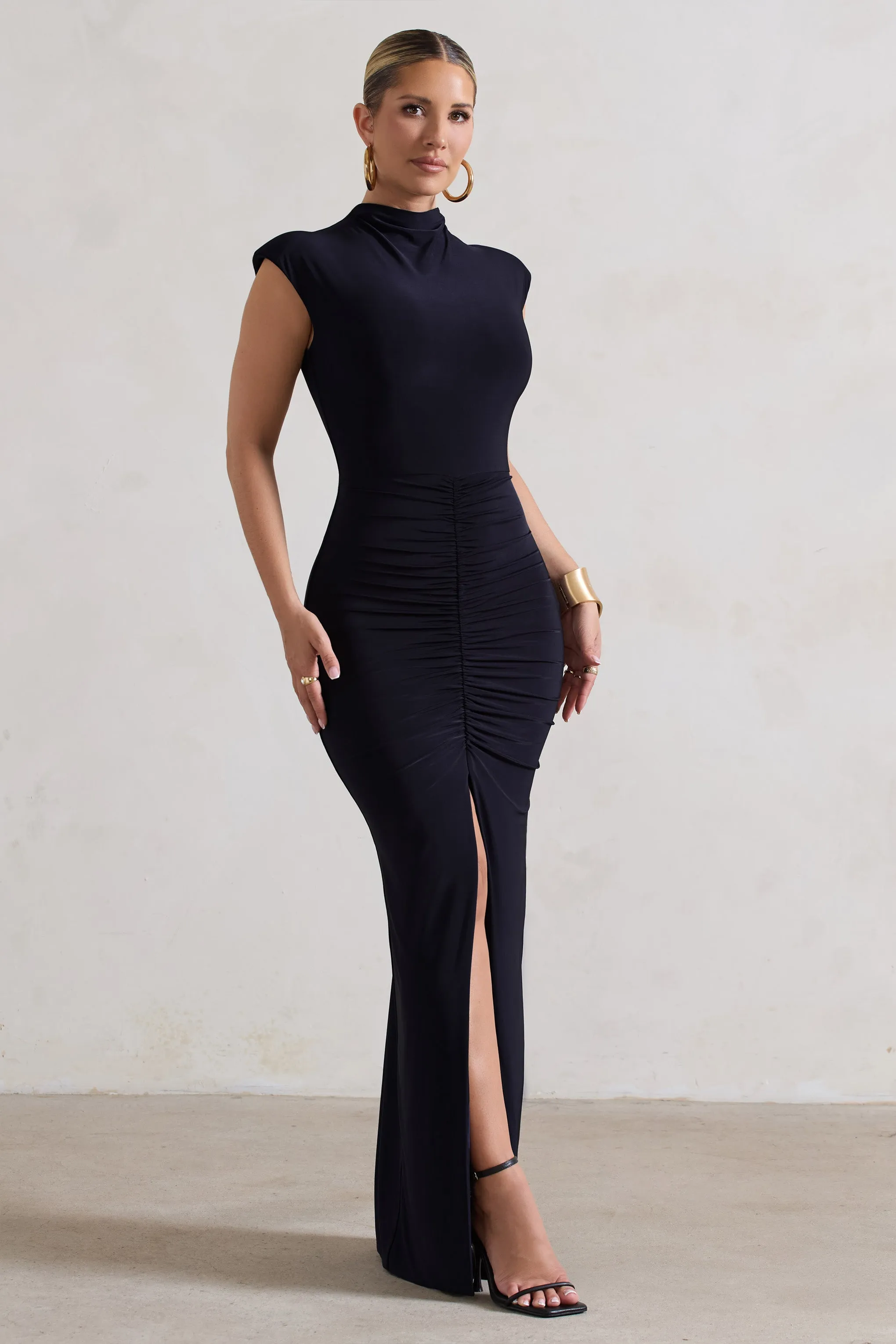 Samira | Navy Ruched High-Neck Split Maxi Dress sold by Club L London product image thumbnail 4