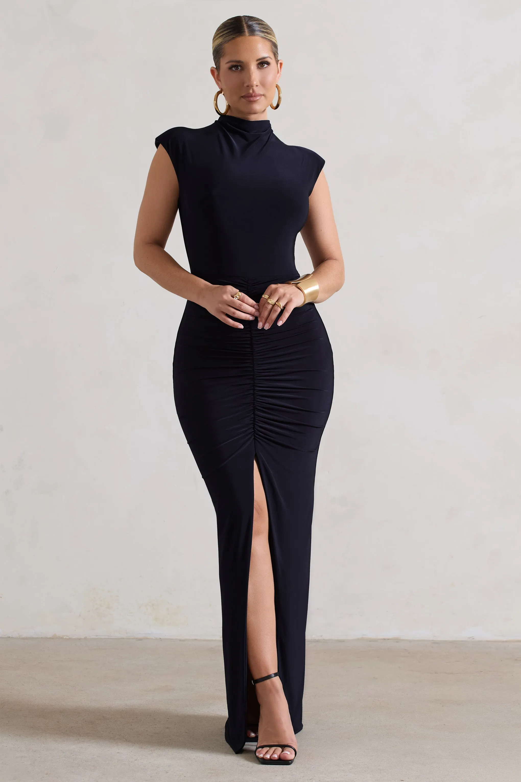 Samira | Navy Ruched High-Neck Split Maxi Dress sold by Club L London product image thumbnail 5