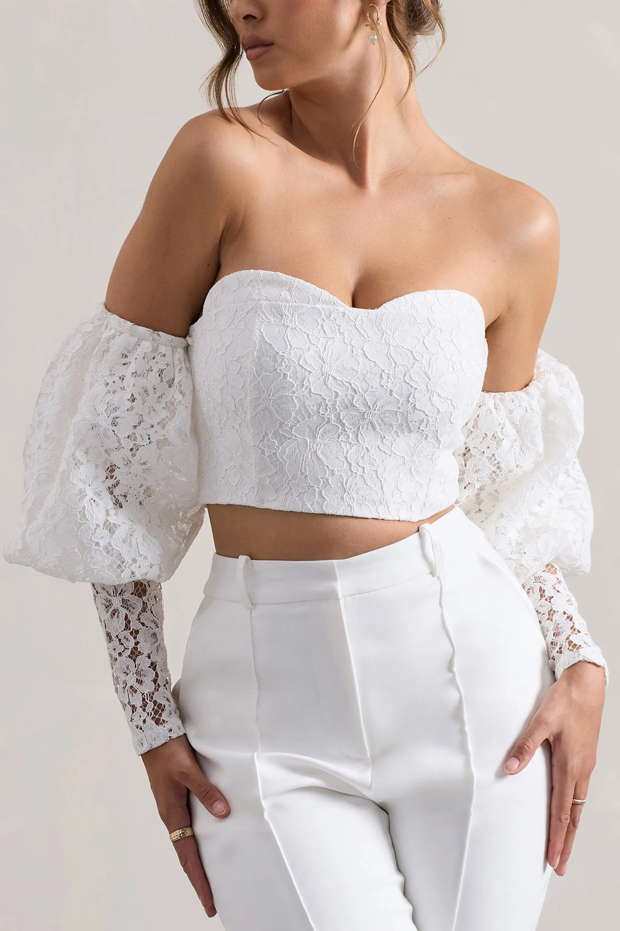 Marina | White Lace Bardot Puff-Sleeve Top sold by Club L London product image thumbnail 3