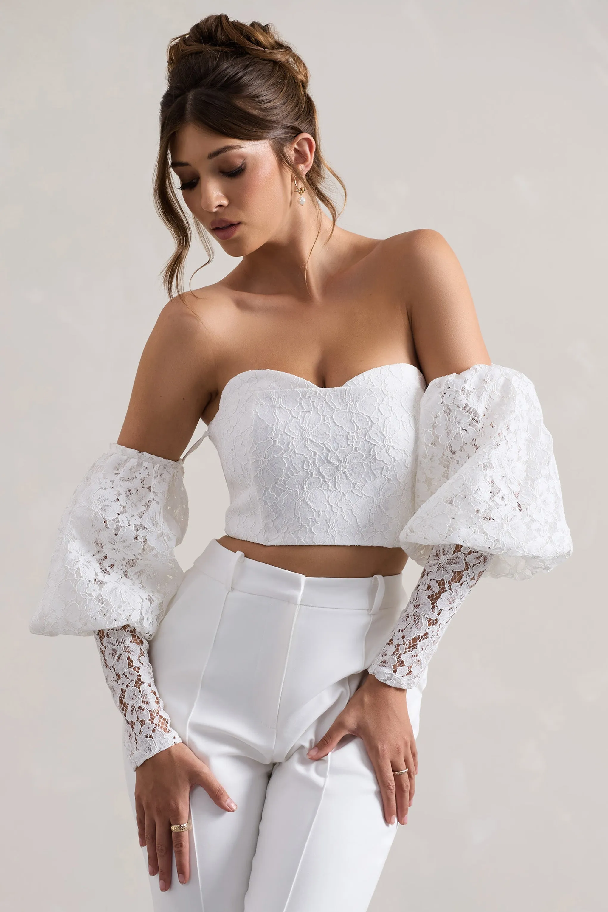Marina | White Lace Bardot Puff-Sleeve Top sold by Club L London product image thumbnail 5