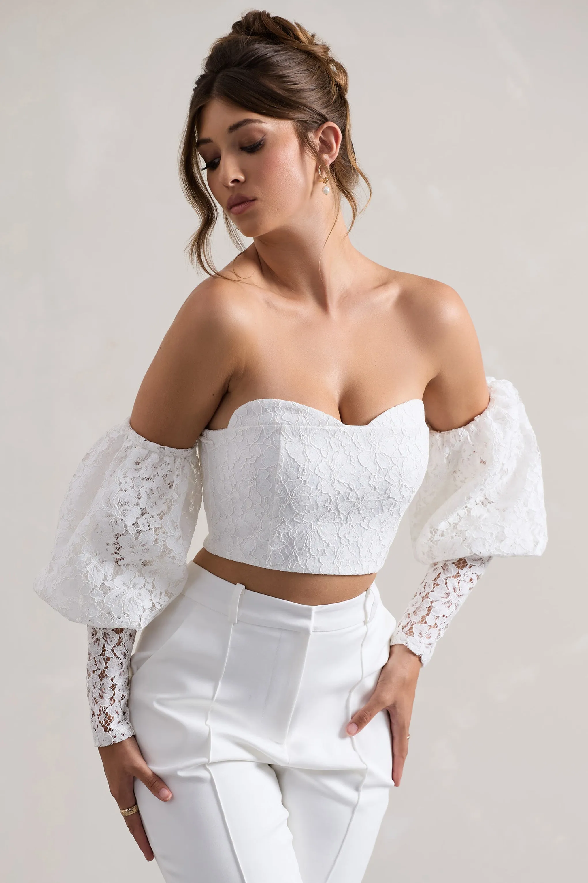 Marina | White Lace Bardot Puff-Sleeve Top sold by Club L London