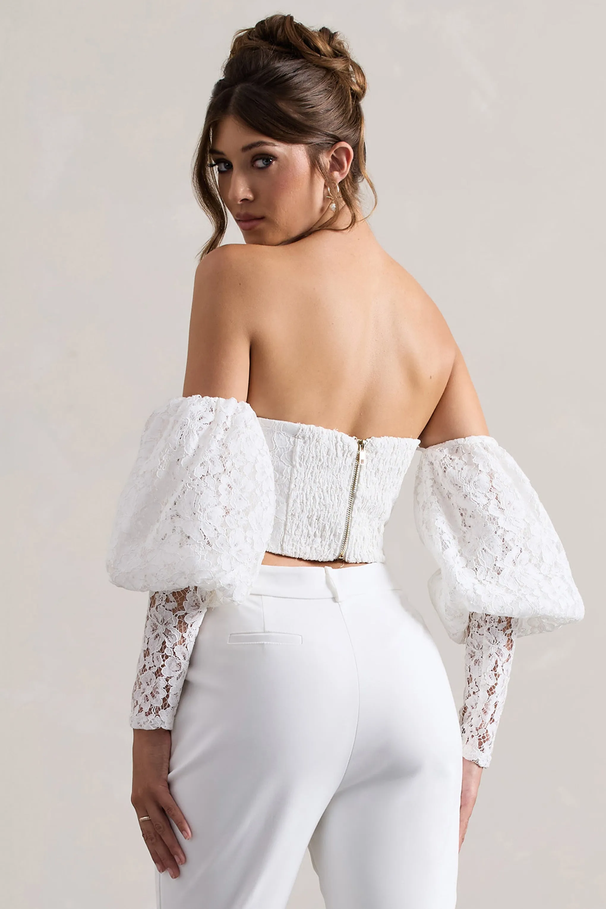 Marina | White Lace Bardot Puff-Sleeve Top sold by Club L London product image thumbnail 2