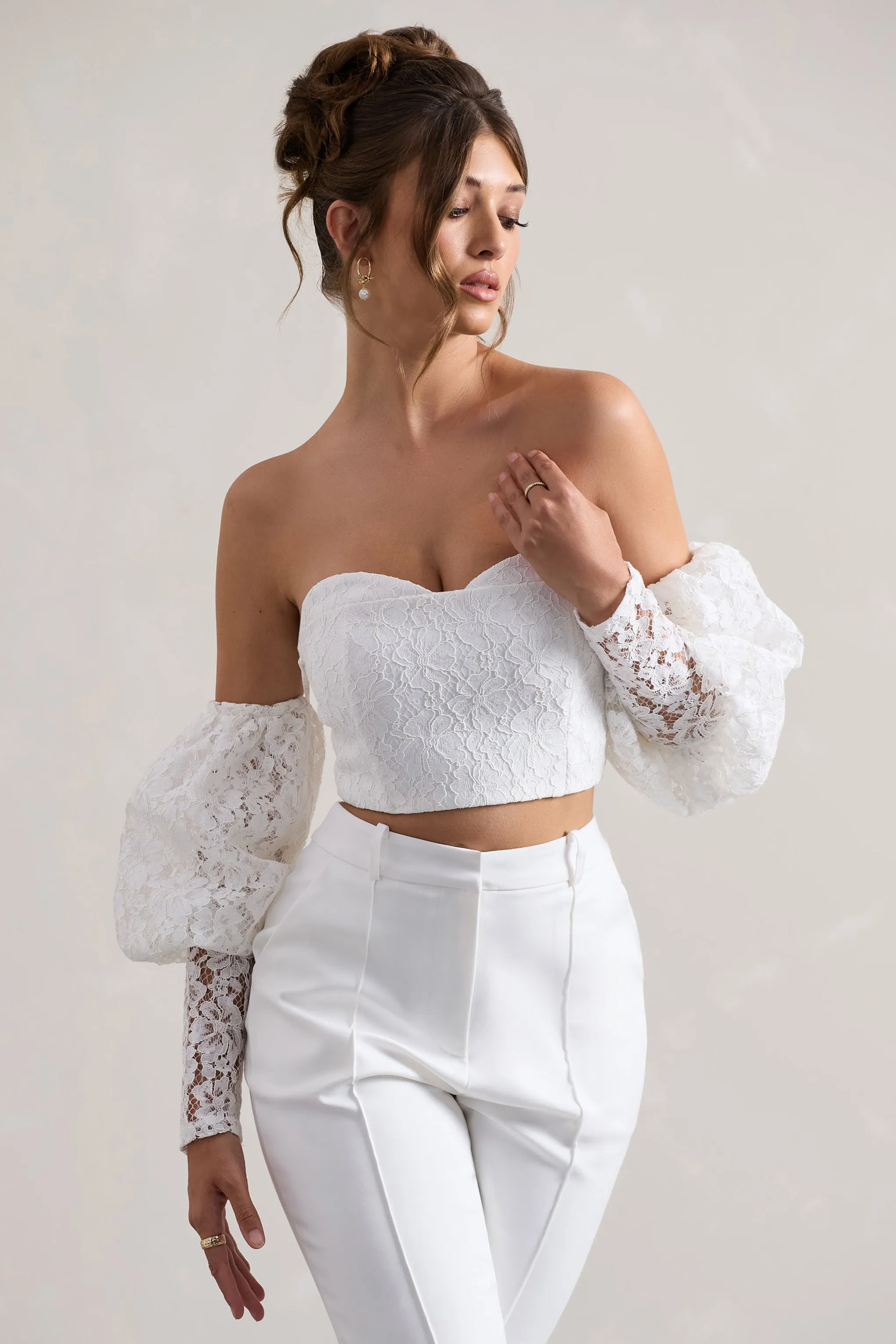 Marina | White Lace Bardot Puff-Sleeve Top sold by Club L London product image thumbnail 4
