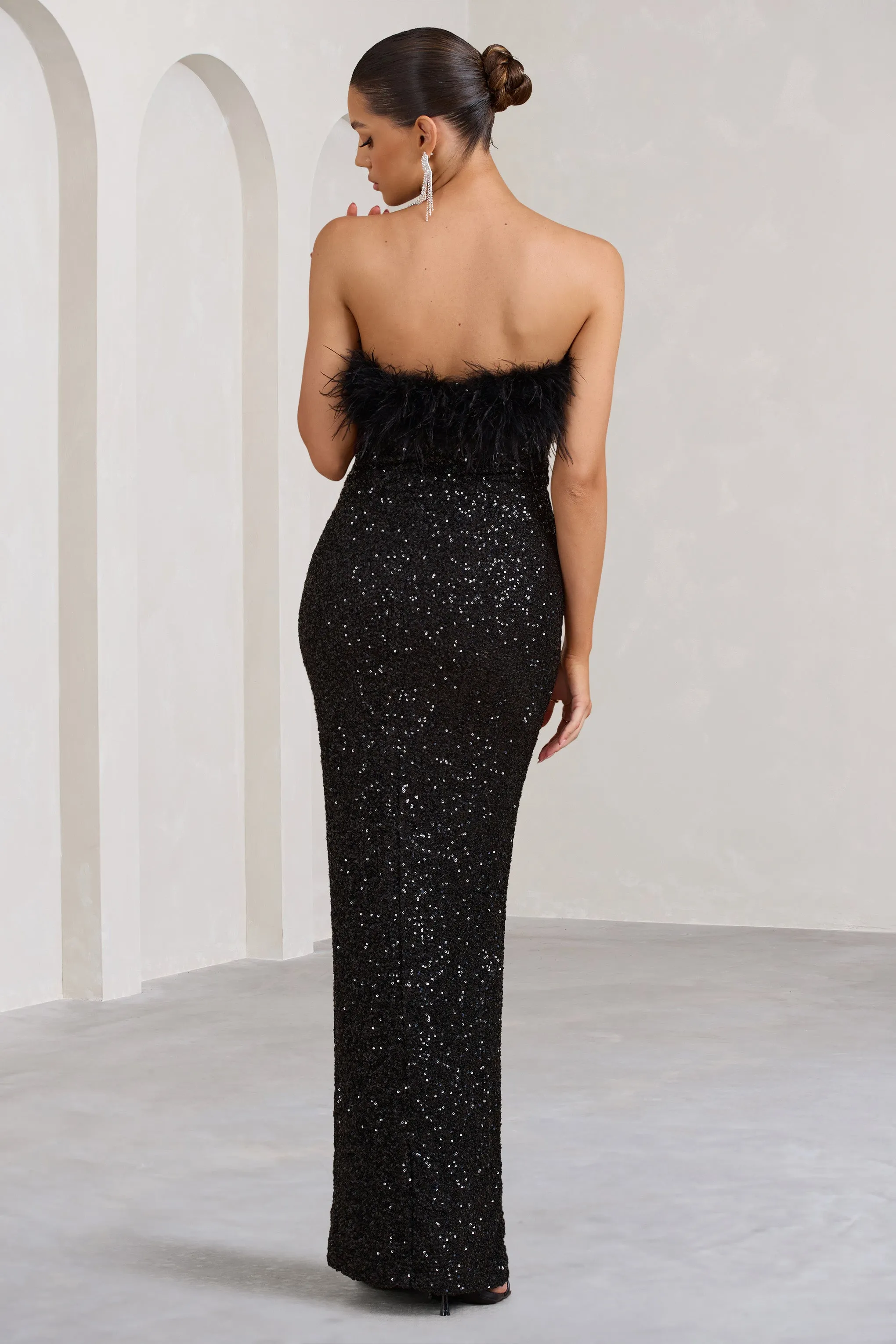 Old Money | Black Bodycon Sequin Maxi Dress With Feather Trim sold by Club L London product image thumbnail 3