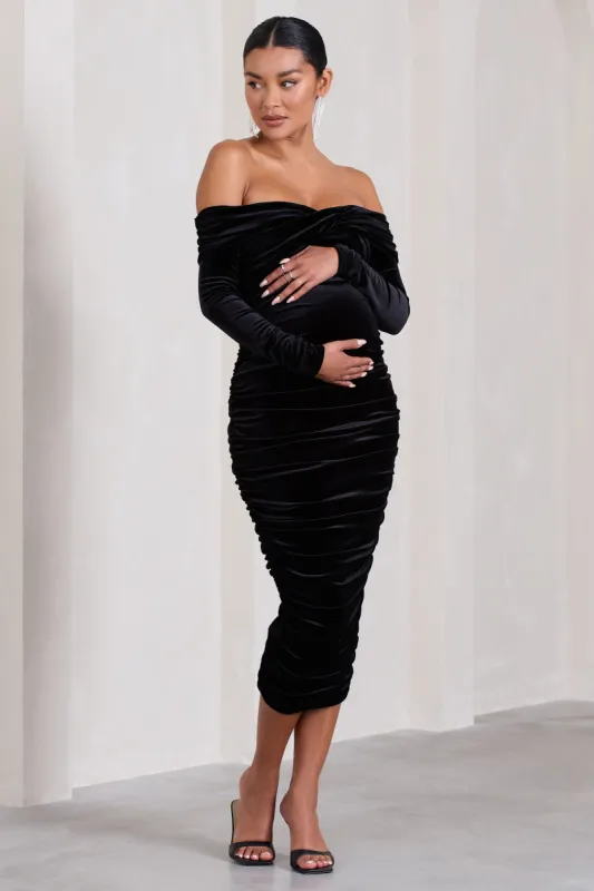 Neva | Black Velvet Maternity Bardot Twist Maternity Midi Dress sold by Club L London
