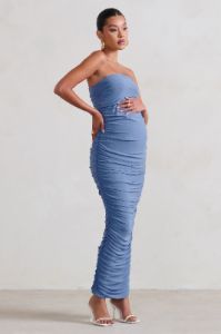 My Lady | Maternity Powder Blue Strapless Bodycon Ruched Mesh Maxi Dress sold by Club L London