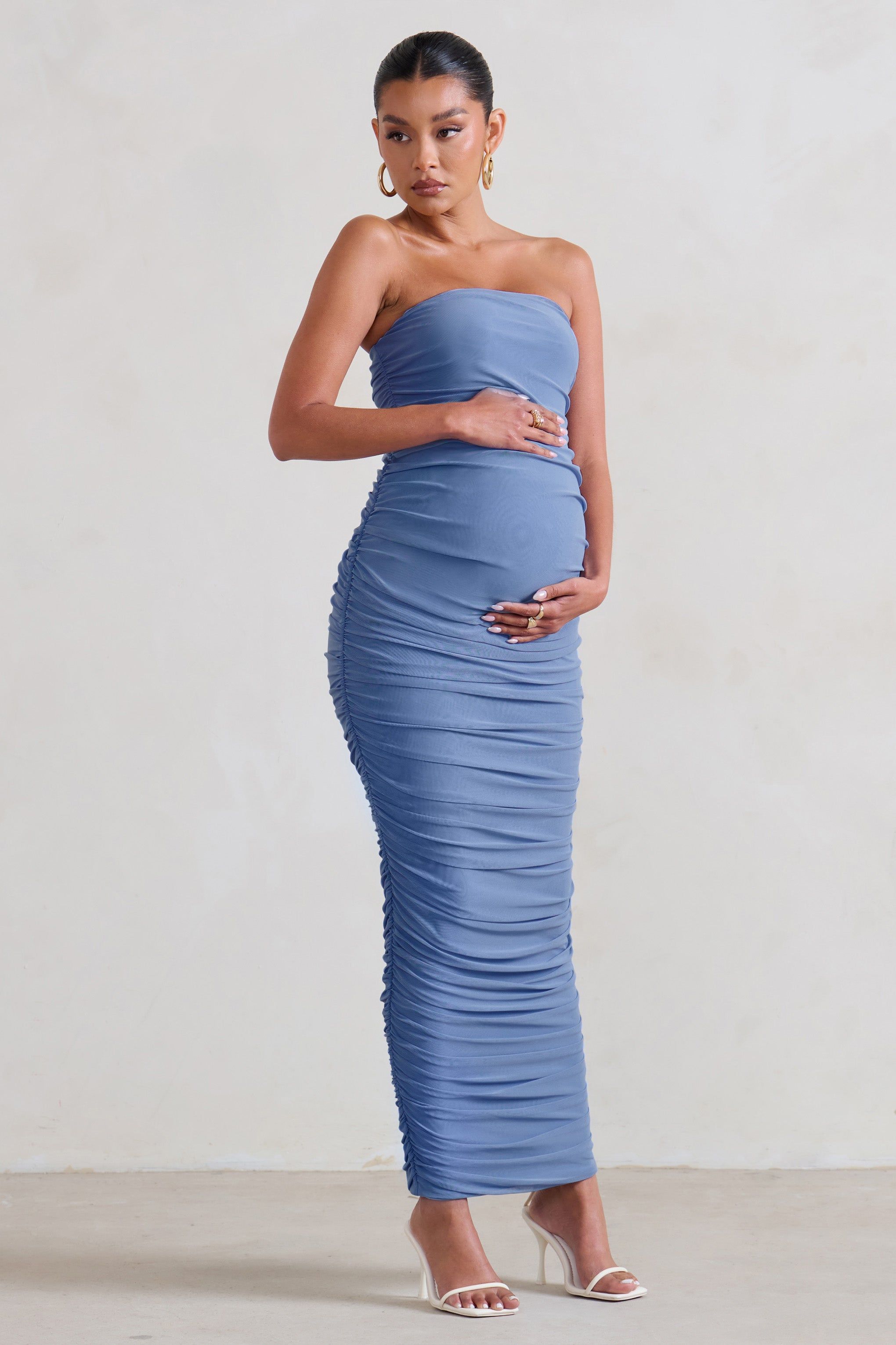My Lady | Maternity Powder Blue Strapless Bodycon Ruched Mesh Maxi Dress sold by Club L London