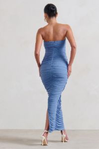 My Lady | Maternity Powder Blue Strapless Bodycon Ruched Mesh Maxi Dress sold by Club L London