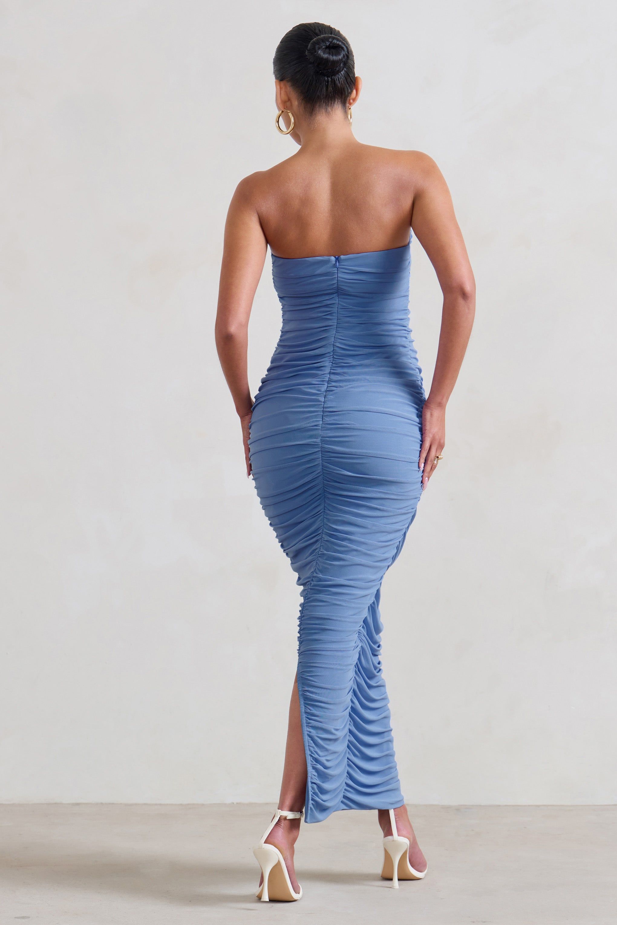 My Lady | Maternity Powder Blue Strapless Bodycon Ruched Mesh Maxi Dress sold by Club L London product image thumbnail 2