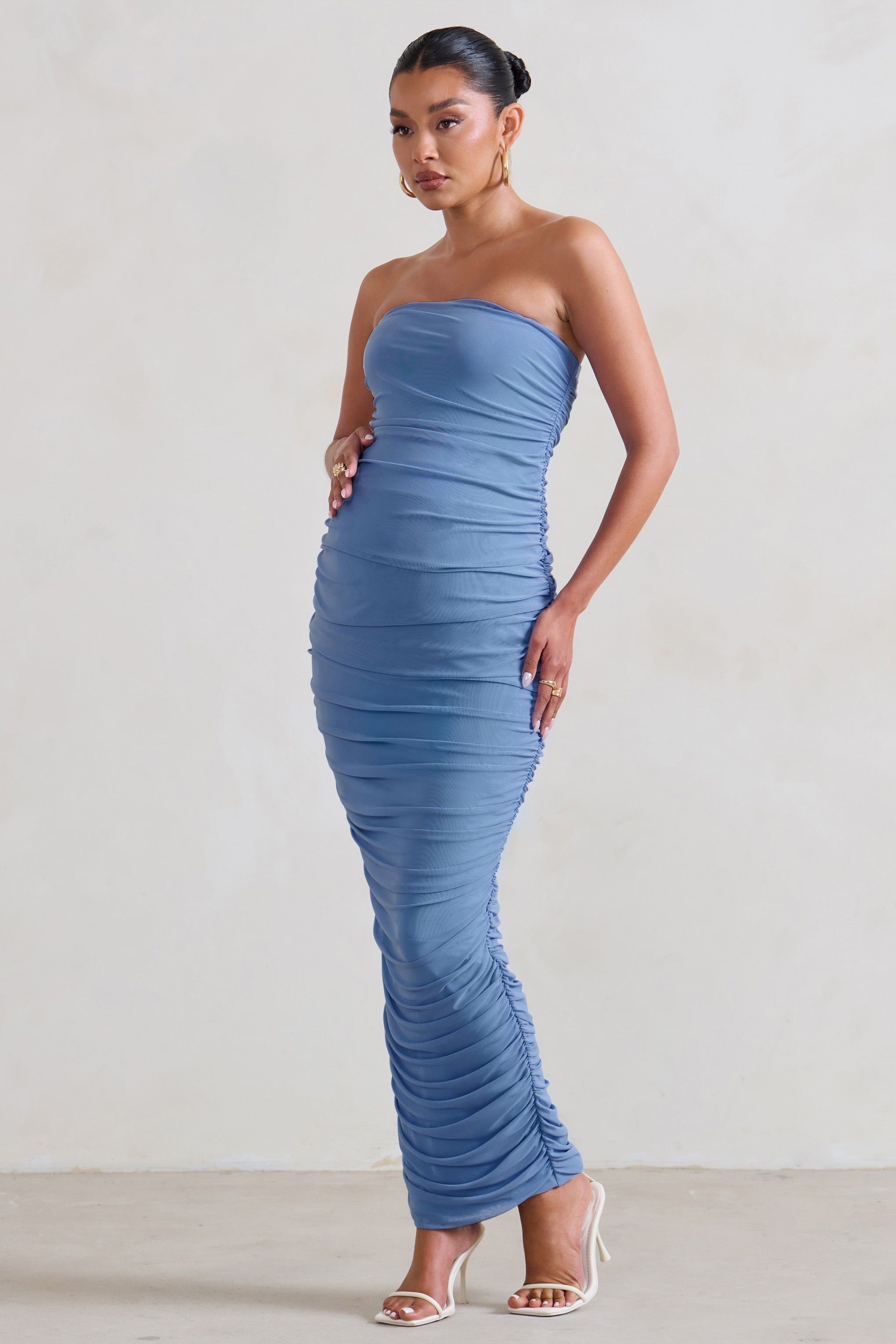 My Lady | Maternity Powder Blue Strapless Bodycon Ruched Mesh Maxi Dress sold by Club L London product image thumbnail 4