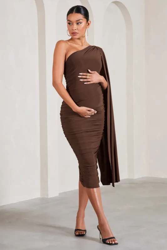 Yara | Chocolate Maternity One Sleeve Ruched Maternity Midi Dress with Cape Sleeve sold by Club L London