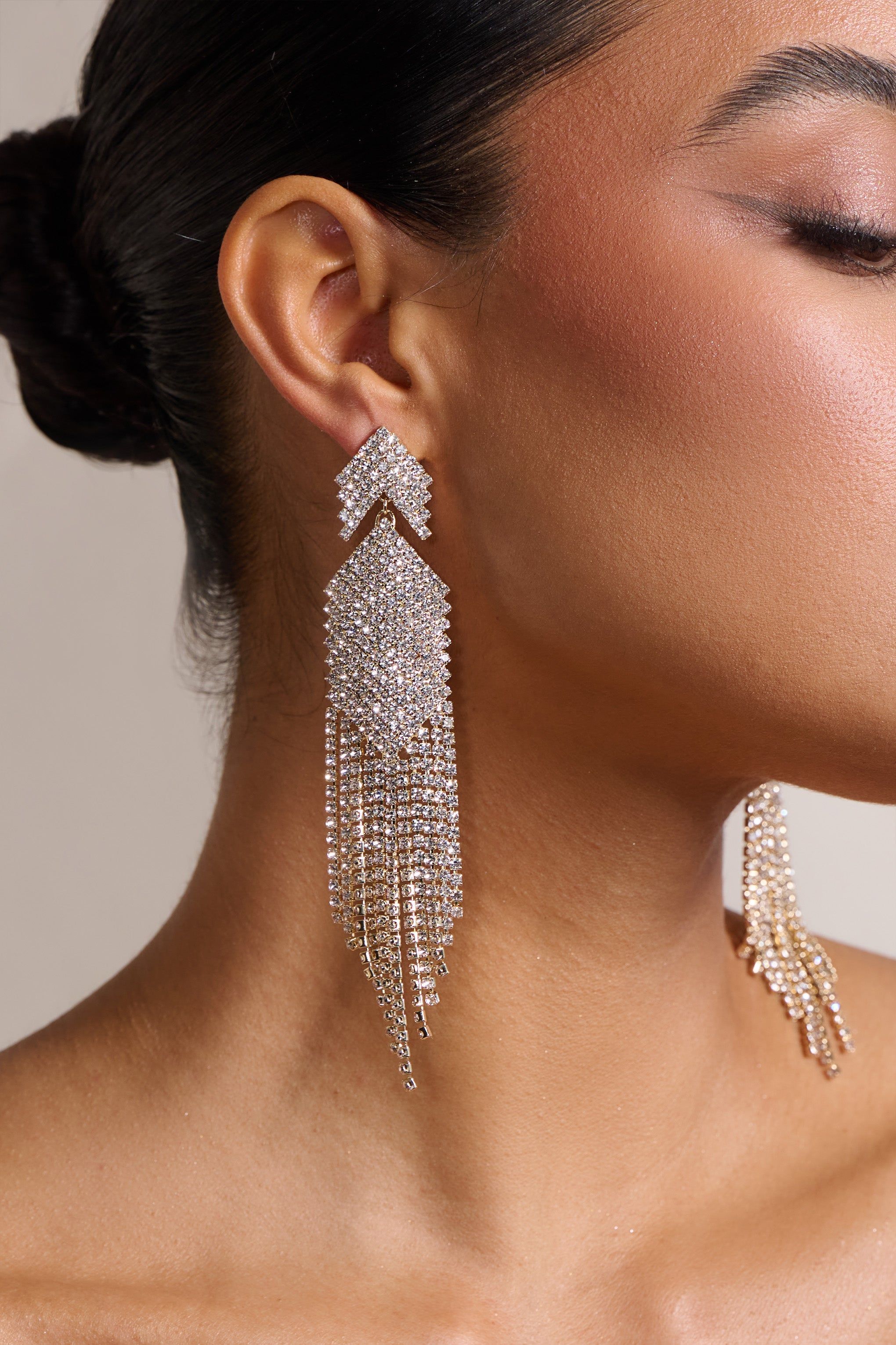 Gabbie | Gold Diamante Tassel Drop Earrings sold by Club L London product image thumbnail 2