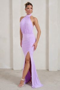 Forever Dreaming | Lilac Backless Halterneck Ruched Split Maxi Dress sold by Club L London