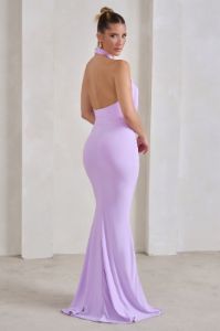 Forever Dreaming | Lilac Backless Halterneck Ruched Split Maxi Dress sold by Club L London