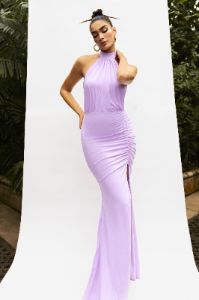 Forever Dreaming | Lilac Backless Halterneck Ruched Split Maxi Dress sold by Club L London
