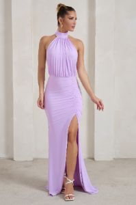 Forever Dreaming | Lilac Backless Halterneck Ruched Split Maxi Dress sold by Club L London