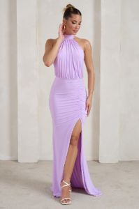 Forever Dreaming | Lilac Backless Halterneck Ruched Split Maxi Dress sold by Club L London