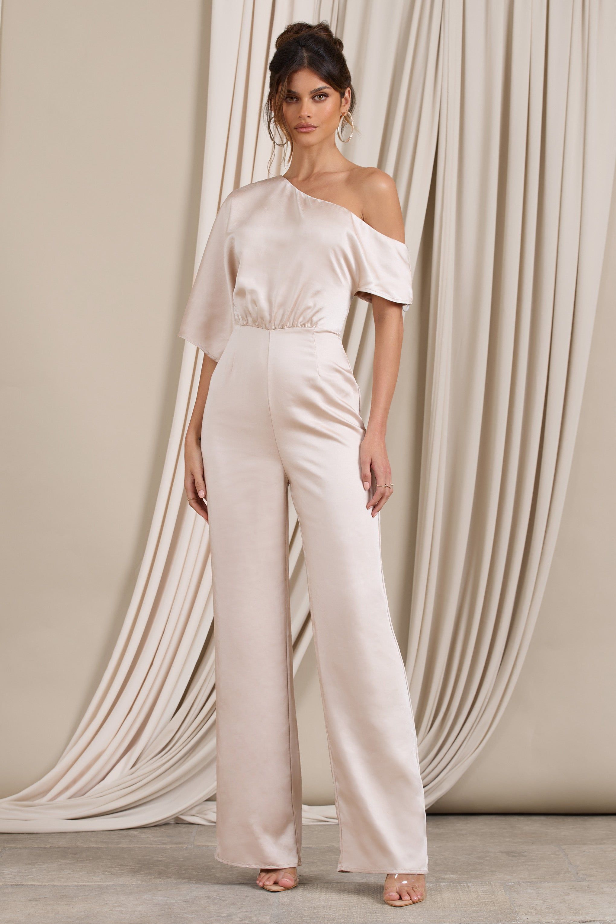 Marvellous | Champagne Satin Asymmetric Flared-Leg Jumpsuit sold by Club L London product image thumbnail 5