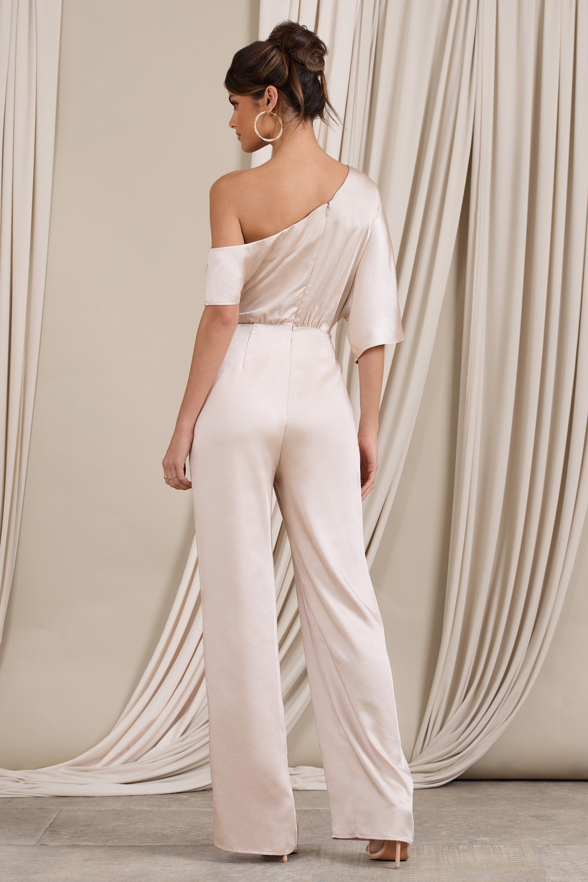 Marvellous | Champagne Satin Asymmetric Flared-Leg Jumpsuit sold by Club L London product image thumbnail 2