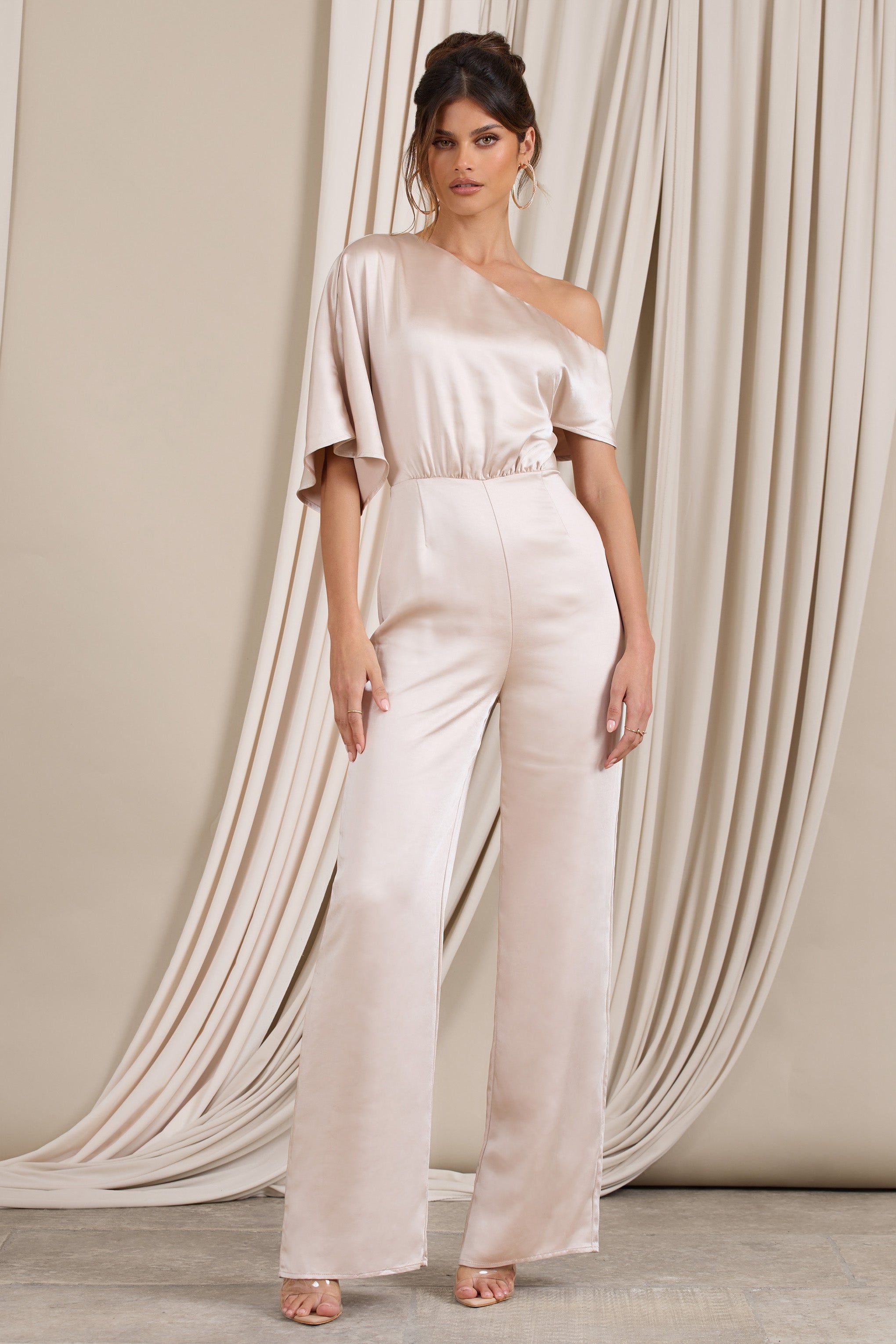 Marvellous | Champagne Satin Asymmetric Flared-Leg Jumpsuit sold by Club L London product image thumbnail 4